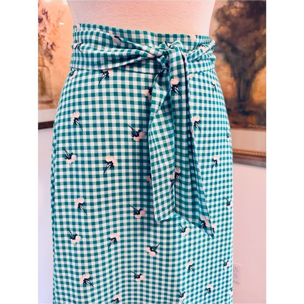 ANN TAYLOR Factory Green/White Checker Floral Tie-Waist Skirt Size 12 - Picture 3 of 15